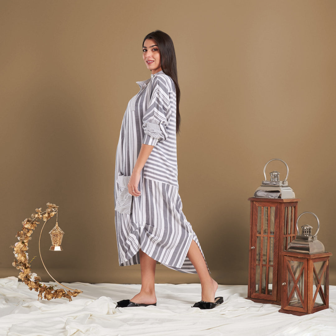 Long Cotton Dress With Folded Front And Generous Side Pocket