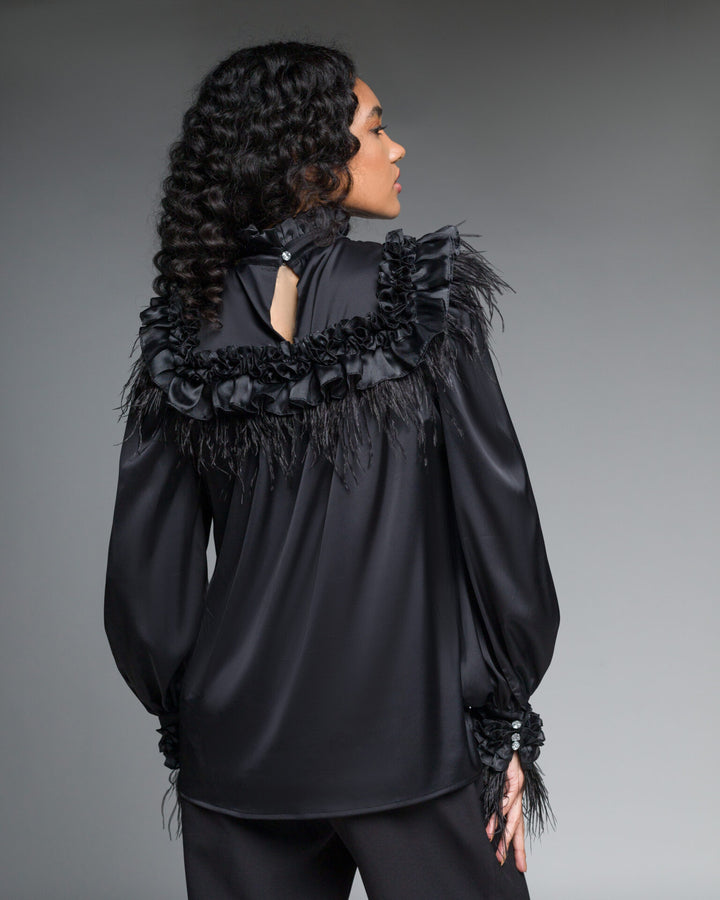 Black Feather Frilled Blouse