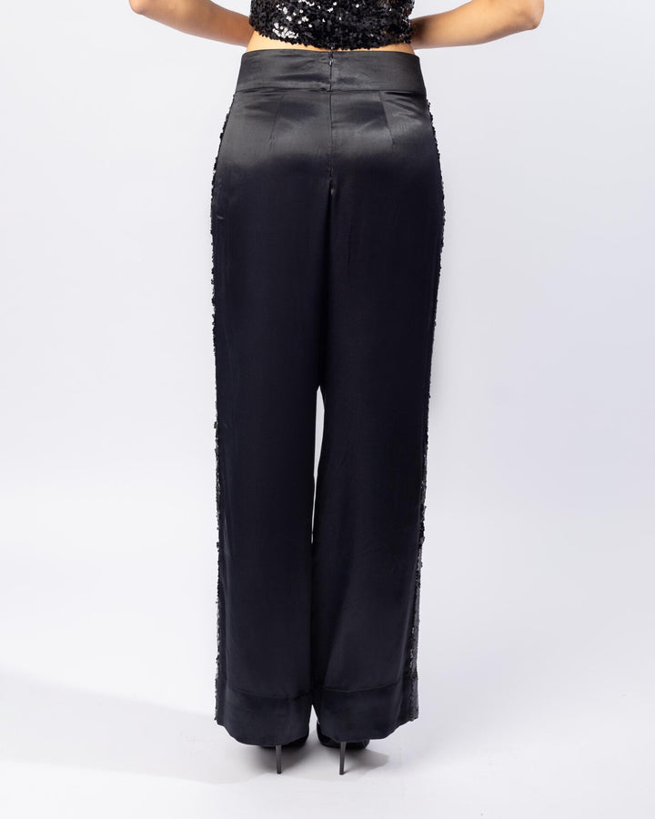 Satin High Rise Pants With Sequin Side Stripe