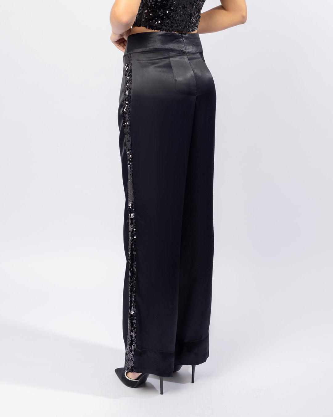 Satin High Rise Pants With Sequin Side Stripe