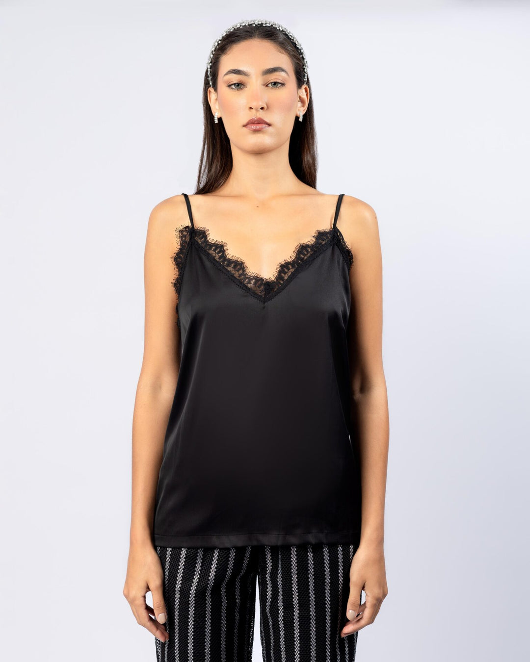 Black Lace Trimmed Chiffon Camisole