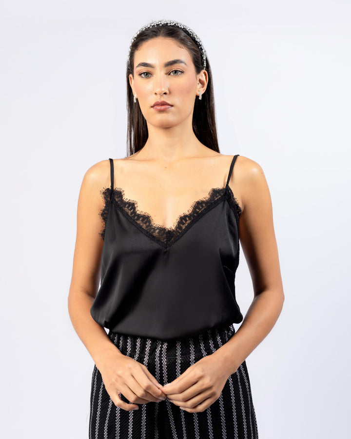 Black Lace Trimmed Chiffon Camisole