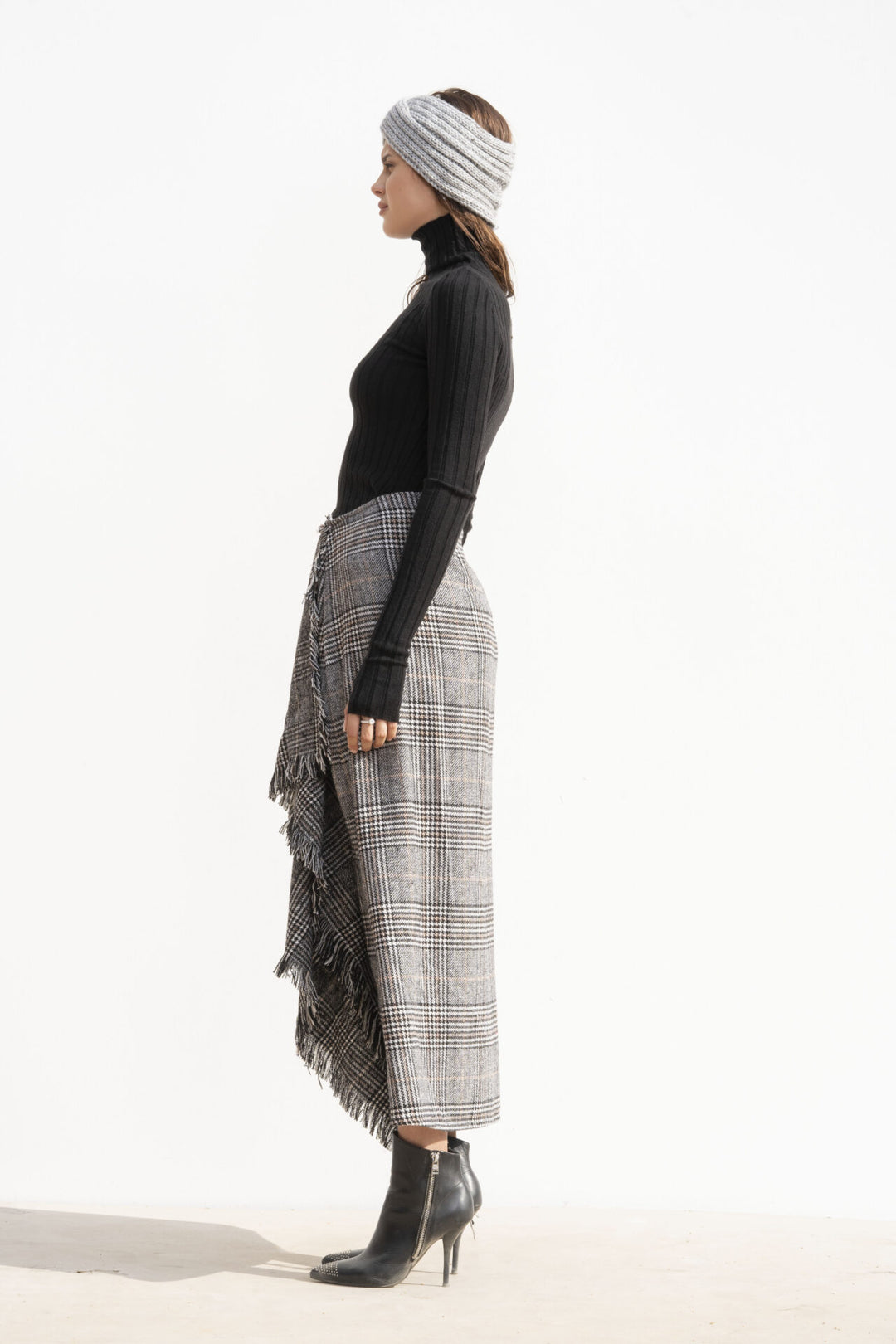 Plaid Maxi Skirt With Front Fringed Layer