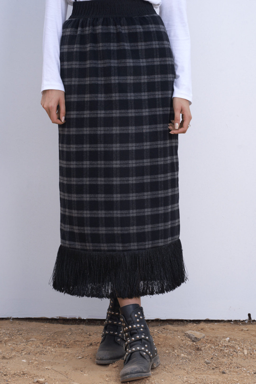 Plaid Skirt With Black Fringes
