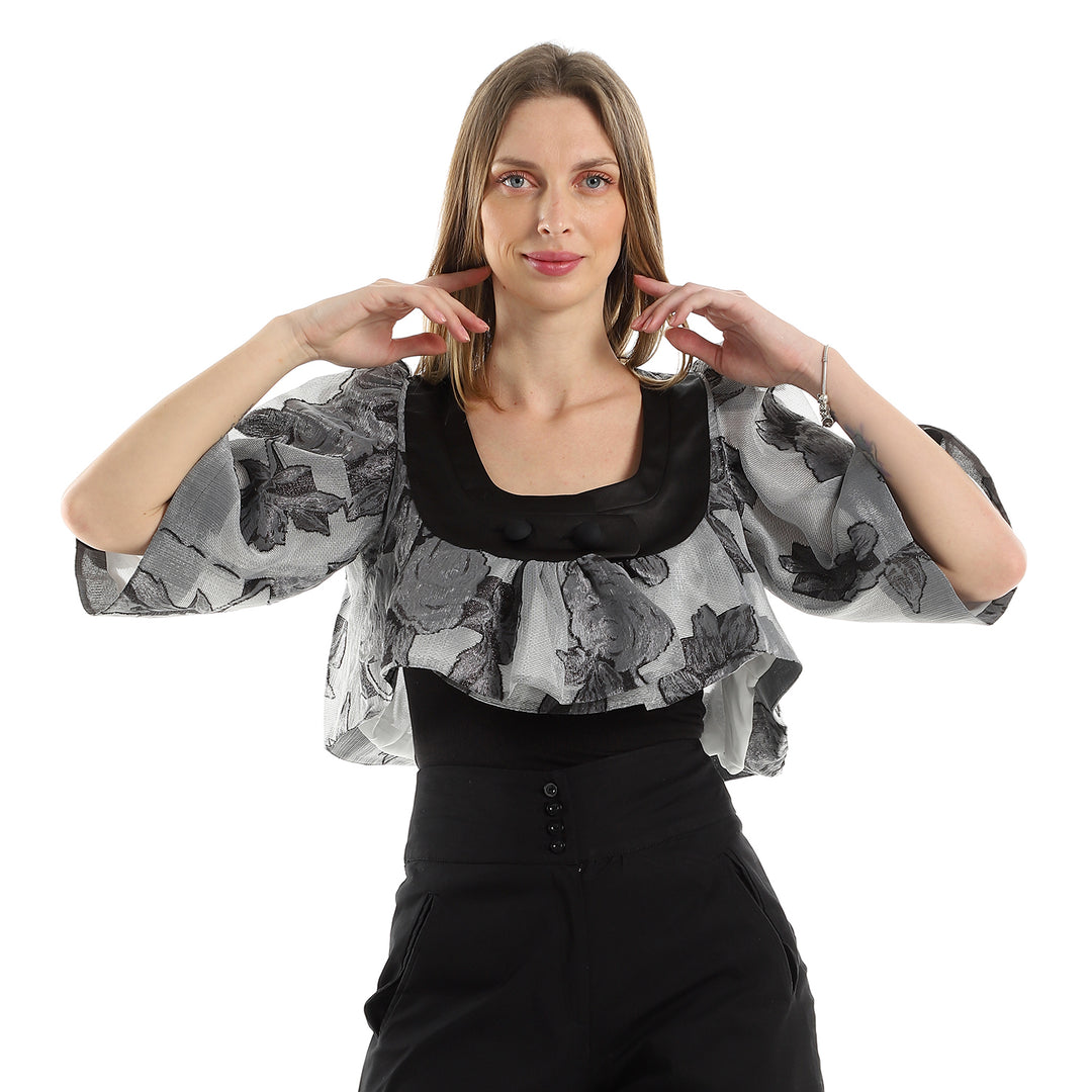 Cropped Floral Jacket With Black Round Trim Collar