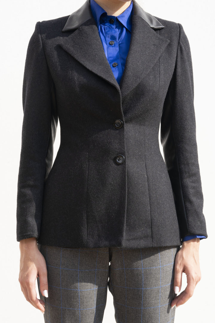 Black Wool Blazer Mixed With Leather