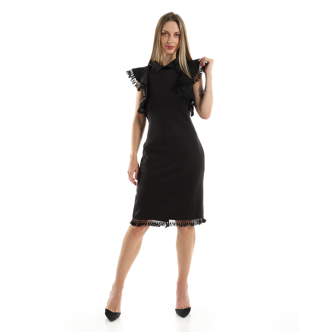 Knee Length Dress With Ruffled Sleeves And Lace Trim