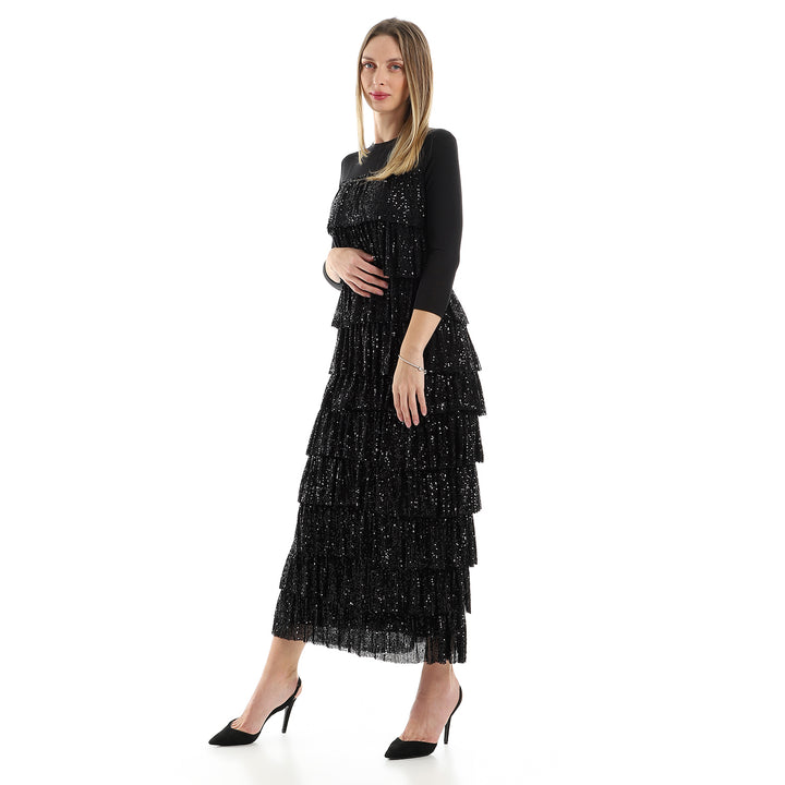 Layered Ruffles Sequin Maxi Dress With Long Sleeves
